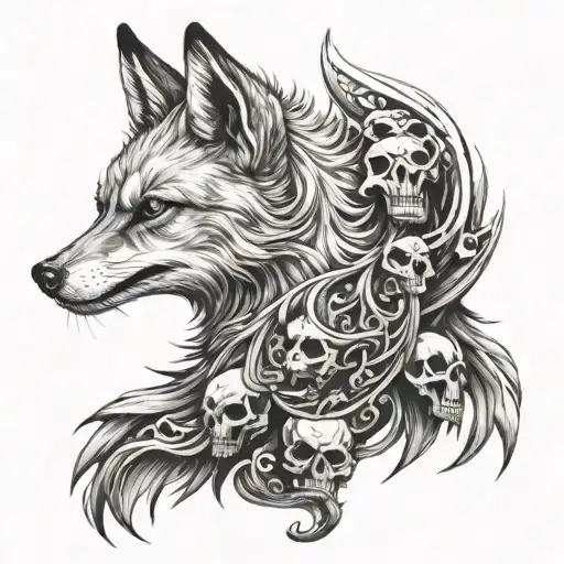 Nine Tail Fox With Skulls Hanging On Neck