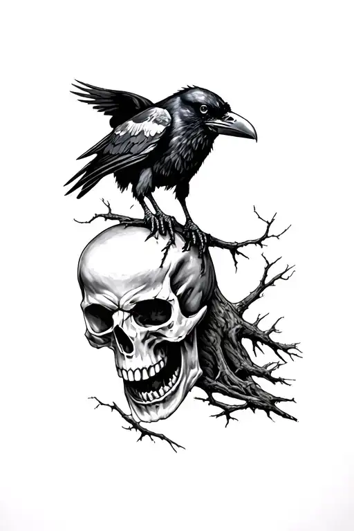 Skull And Angry Raven In The Woods