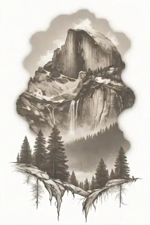 Half Dome With Waterfall And John Muir Trail Leading Up From Bottom To Top