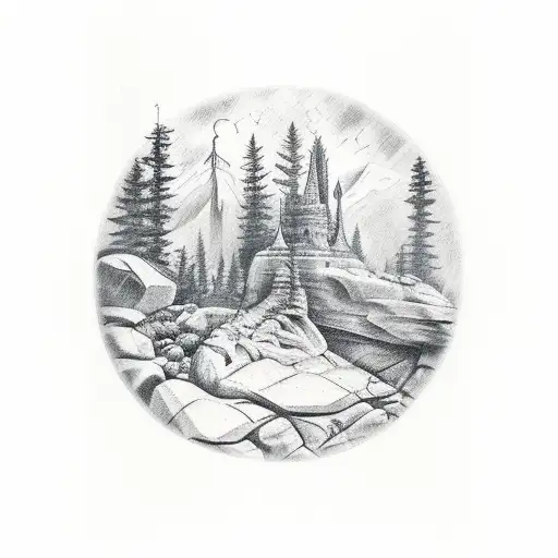 Tattoo Design Of Excalibur In The Rock With Forest In The Background