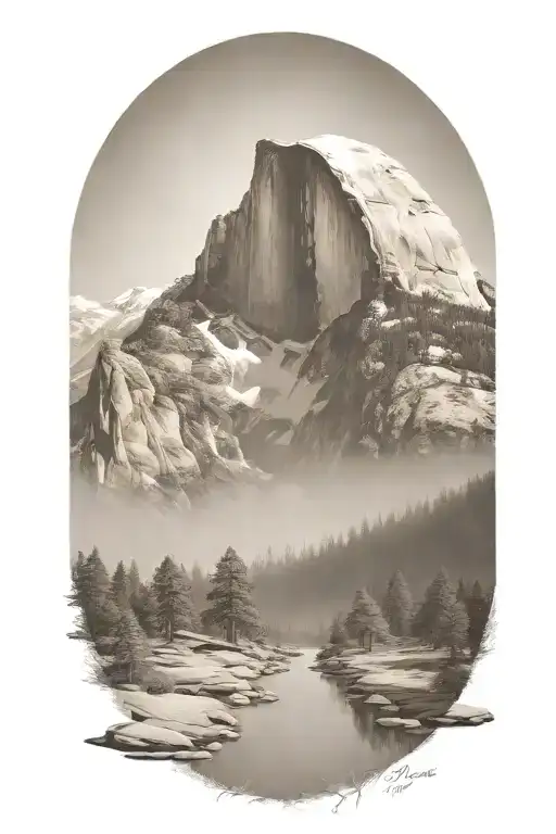 Half Dome With John Muir Trail Path Winding Through Forest