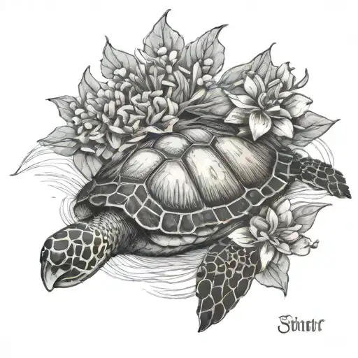 Sea Turtle With July September January Birthflower Vining