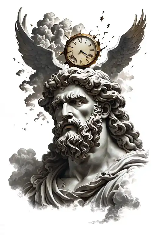 Zeus In The Clouds With A Broken Clock Behind His Head Protruding Above His Head