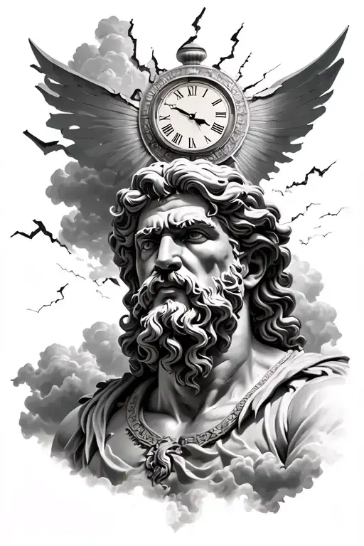 Zeus In The Clouds With A Broken Clock Behind His Head Protruding Above His Head