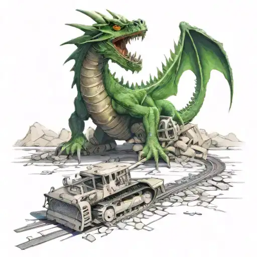 A Green-eyed Dragon With Mechanical Parts Fighting A Bulldozer On A Paved Road