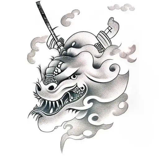 Samurai Head With Japanese Clouds Around