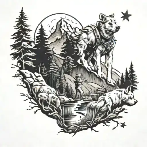 Man Hiking With Dog Mountains And Woodland Scene With Full Moon And Four Stars