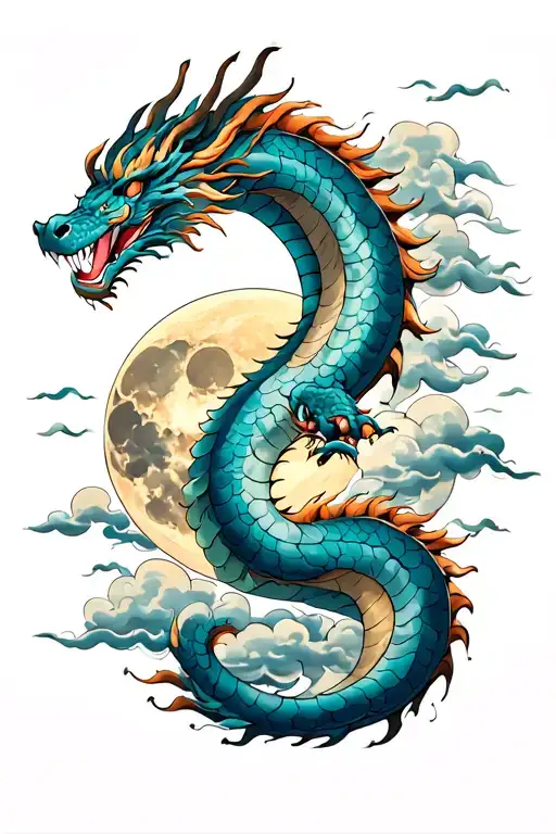 Japanese Dragon With Moon And Clouds