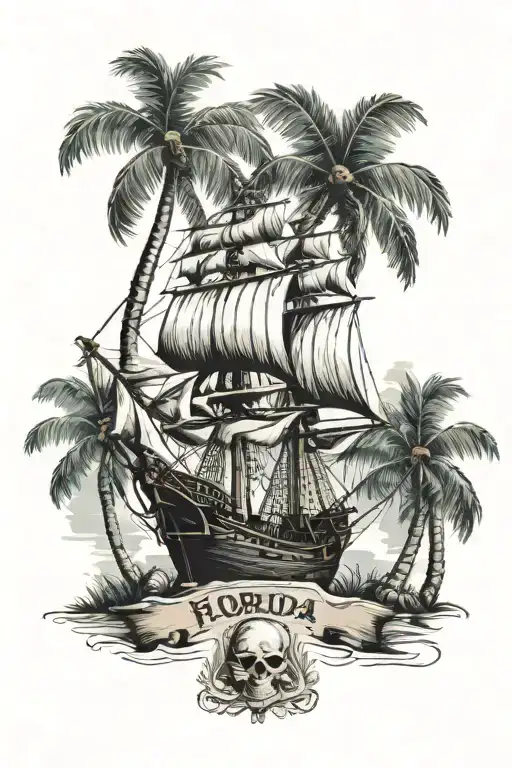 Florida Flag And Pirate Ship And Palm Trees