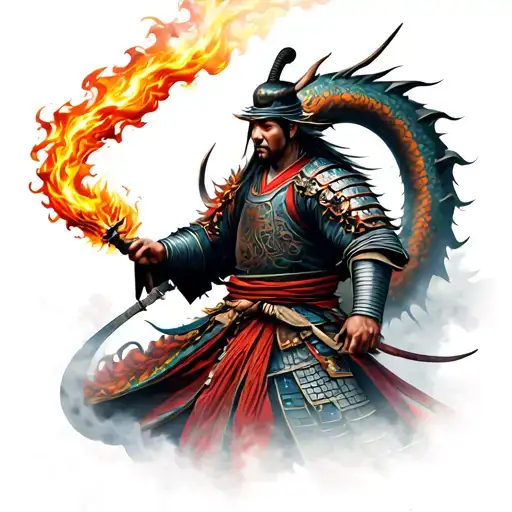 Japanese Samurai Warrior With A Dragon Breathing Fire