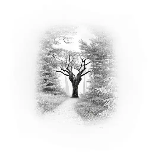 A Trail Winding Through A Lush Forest With A Silhouette Of A Dog Leading The Way