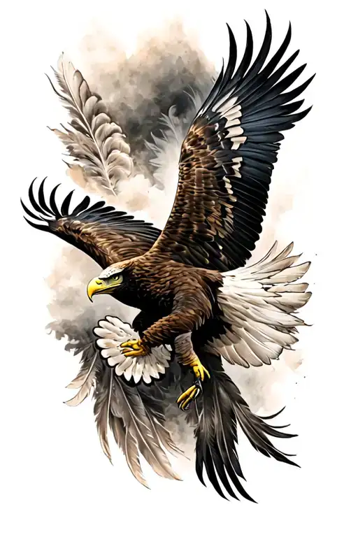 Eagle Landing And Feathers