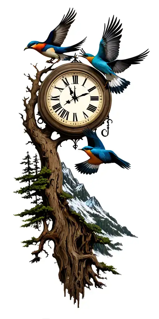 Moutains Tree Clock Birds Flying