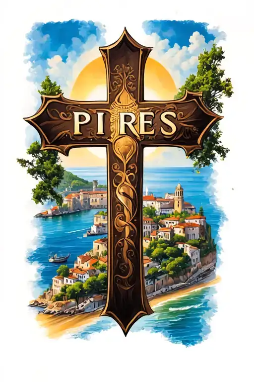 A Cross With The Word Pires With Portugal Culture In The Background And Portugal Scenery