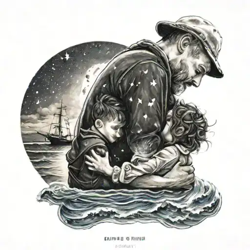 A Father Holding His Wife And Hugging His Daughter And Son In A Sky Full Of Stars By The Seashore