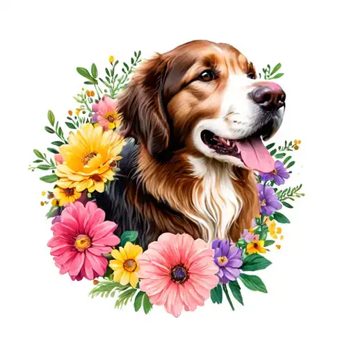 Birth Flower Bouquet For 3 Kids And Golden Retriever With Side Profiles