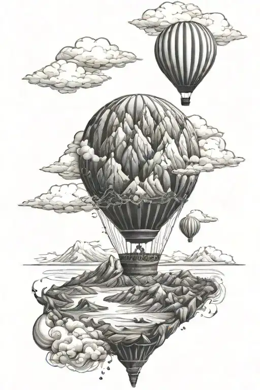 Ocean Transitioing To Mountains To A Sky With Hot Air Balloon