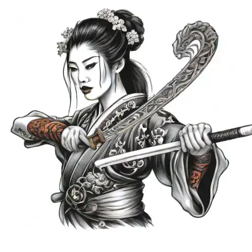 Geisha With A Katana Sword Vertically In Front Of Her Face