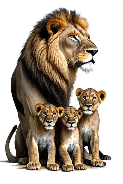 Father Lion Mother Lion And 3 Cubs Playing