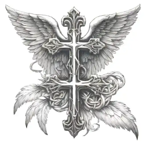 Angel Wings With Cross Intertwined Within Two Eagles