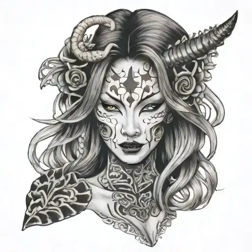 Half Body Portrait Of A Beautiful Woman With Long Hair Holding An Hannya Mask In Her Left Arm