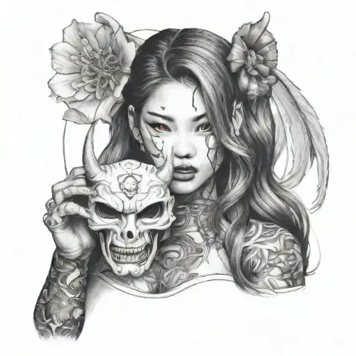 Half Body Portrait Of A Beautiful Woman With Long Hair Holding An Hannya Mask In Her Left Hand