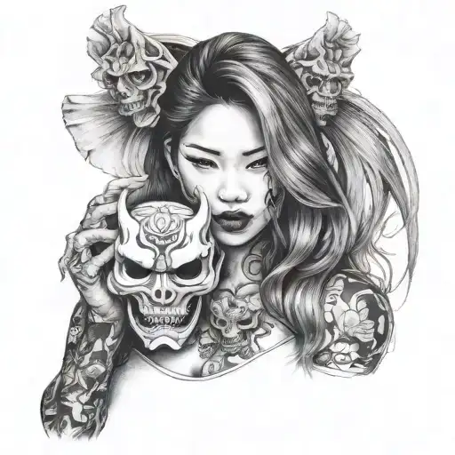 Half Body Portrait Of A Beautiful Woman With Long Hair Holding An Hannya Mask In Her Left Hand