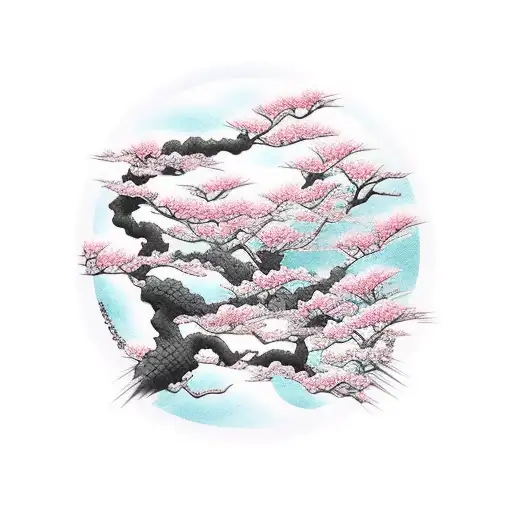 Japanese Waves And Cherry Blossoms In Color