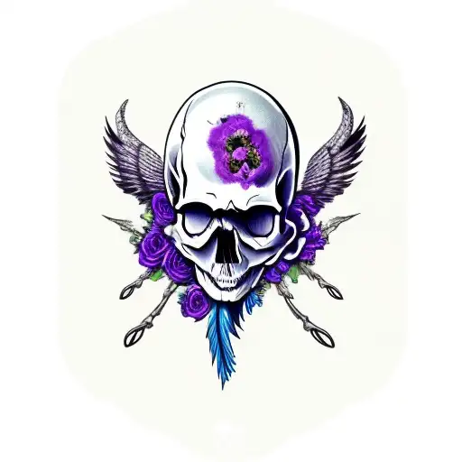 Skull With Ravens And Purple Flowers