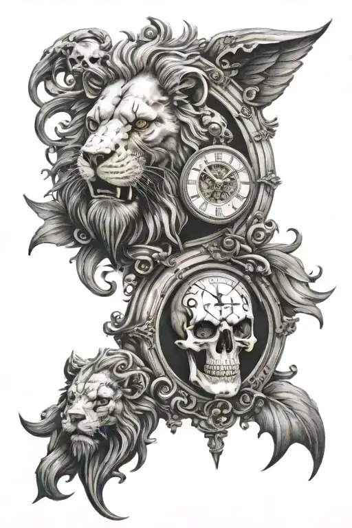 Skull Clock And Lion With Stars Representing The Client's
