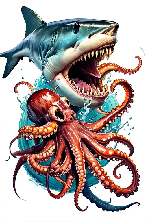 Shark Eating Squid Wrapping Its Tentacles