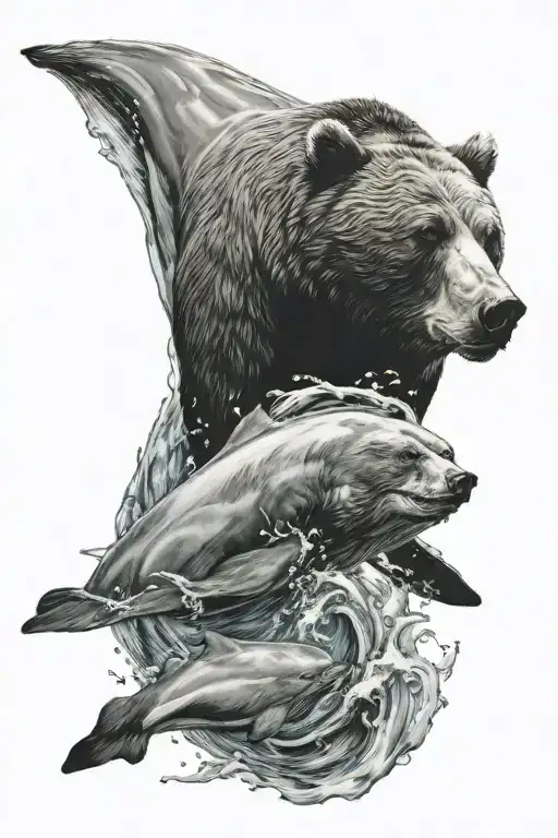 Bear Swimming With Dolphin