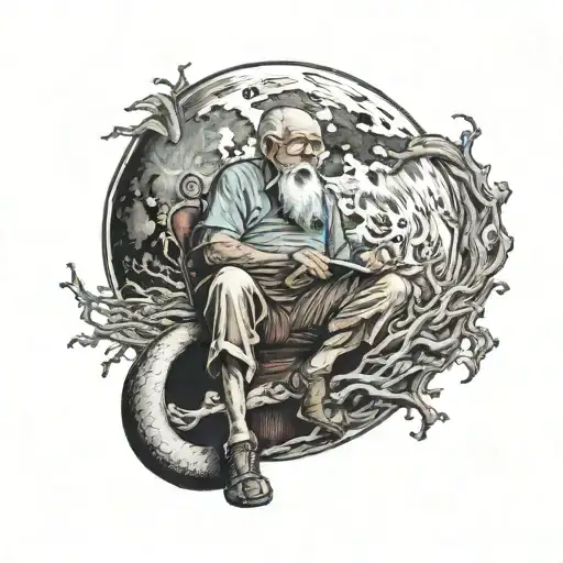 Cresent Moon With An Oldman Who Has An Amputated Leg Sitting On It