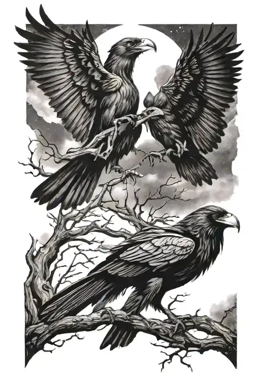 Odin's Two Ravens Fighting Against The Background Of The Night