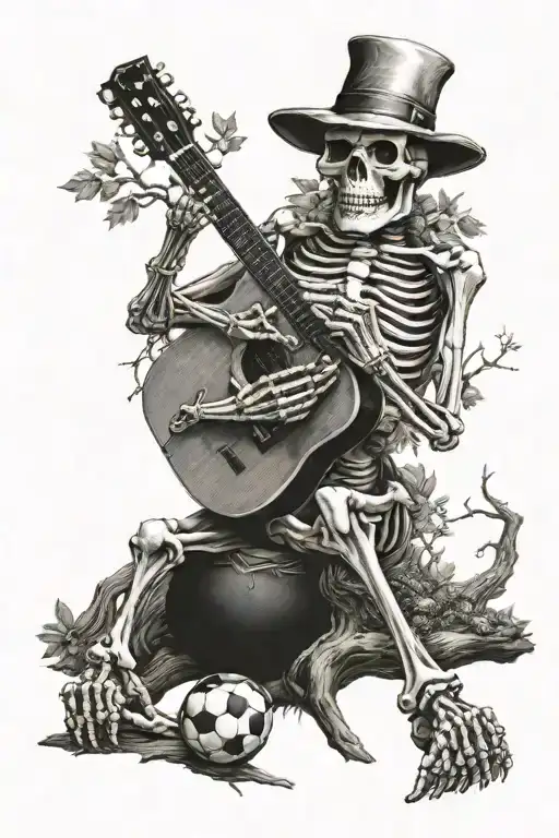 Skeleton Playing Guitar Sitting On A Tree With A Football On His Foot