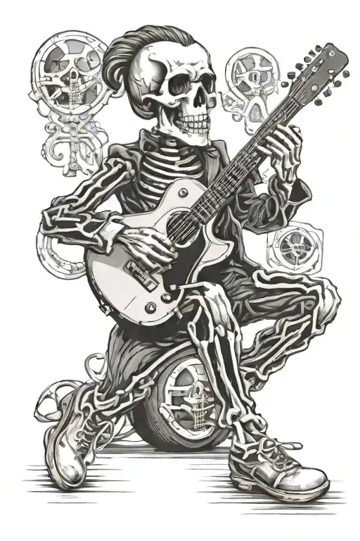 Skeleton With Elvis Presley Hair Type Playing Classic Guitar With A Football On His Foot