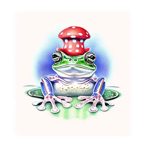 Frog Sat On Mushroom Drinking Tea