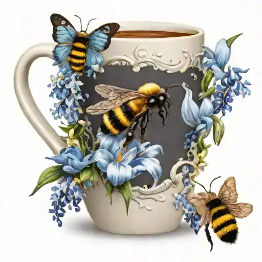 A Coffee Mug Surrounded By Lilies And Blue Bell Flowers With A Bumble Bee Landing On The Mug