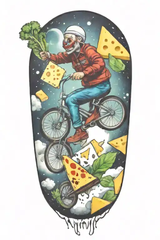 Cheese Slice In Space With Canned Spinach On Fire And Clowns Driving Bicycles