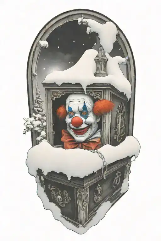 Clown Peaking Out Of A Casket In A Church With Snow Through Windows