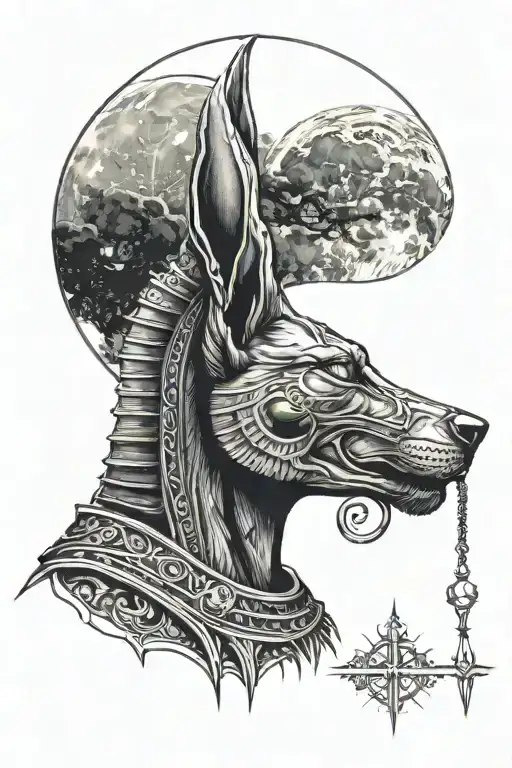 God Anubis In Half Profile Against The Night Sky With A Full Moon Cross