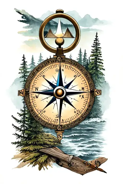 Compass Wild Camping Themed Tattoo Design Combining Elements