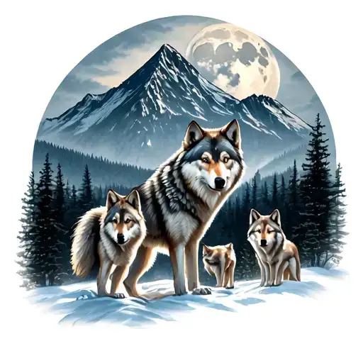 Wolf With Two Small Wolves At Full Moon In The Background Of The Mountain Around The Forest