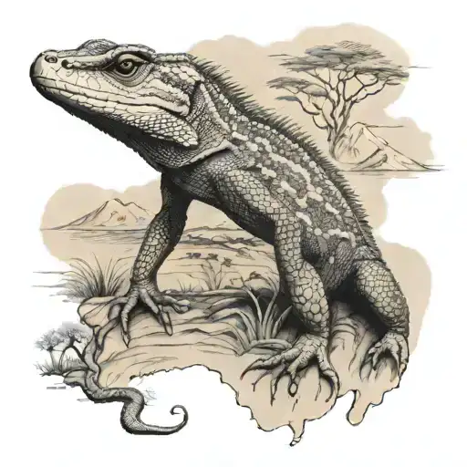 South African Landscape Tattoo Featuring Nile Monitor