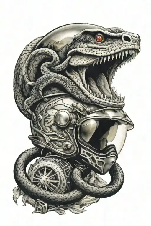 Mountain Landscape With A Snake Wearing A Motorcycle Helmet