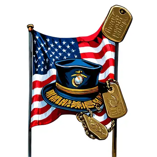 Usmc Blues Hat Sitting On Veteran Burial Flag Intertwined With Dog Tags