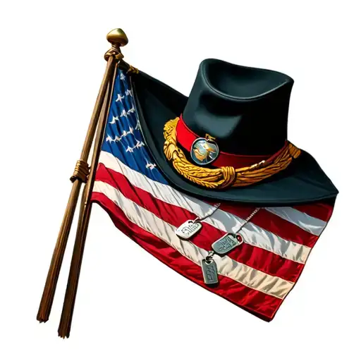 Usmc Formal Hat Sitting On Veterans Folded Burial Flag Intertwined With Dog Tags