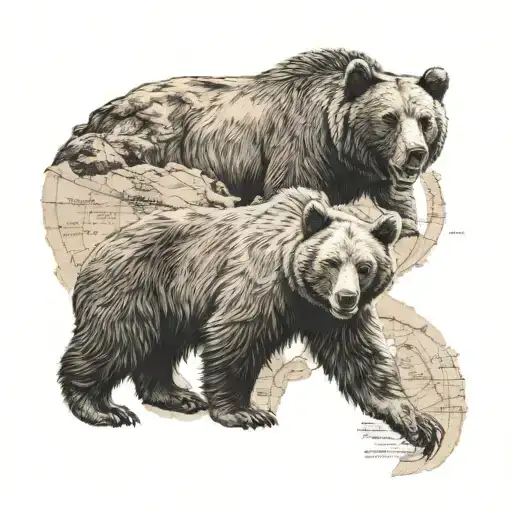 Bear And Cub With An Old Map Background