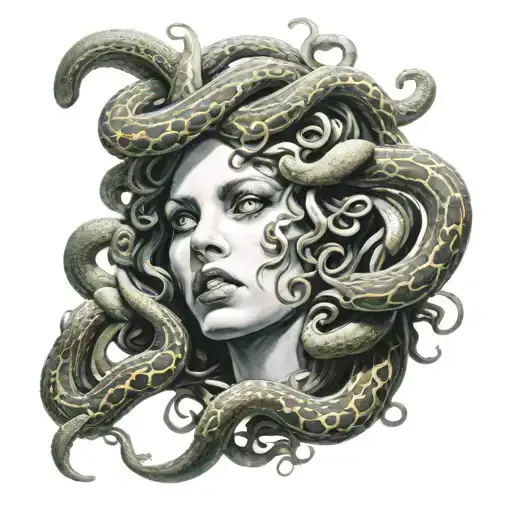 Realism Medusa With White Eyes And Angry Snakes Coming