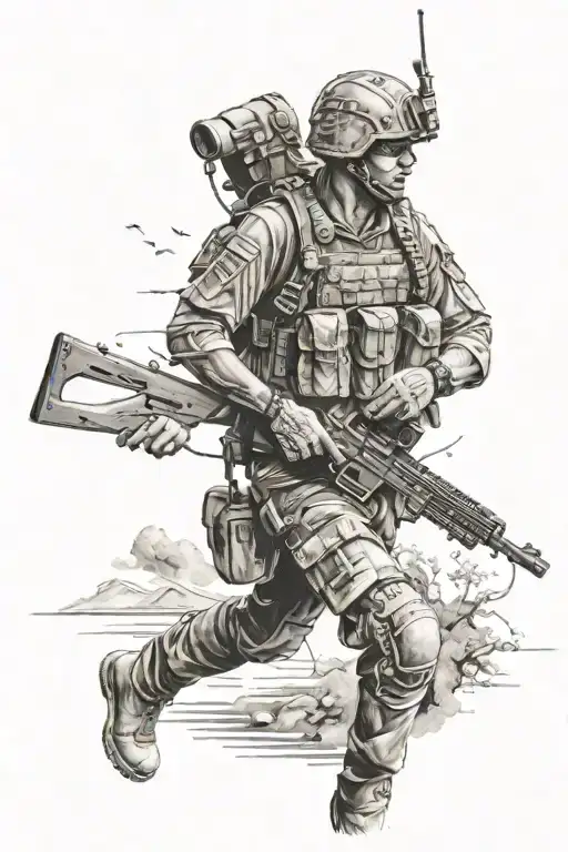 Tattoo Of A Soldier Walking With A Rifle In One Hand And A Rosary In The Other Hand